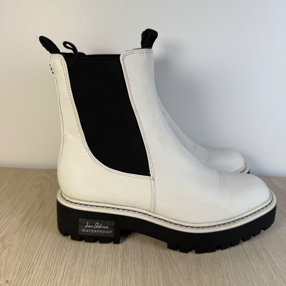 Sam Edelman Laguna Waterproof Chelsea Boots White Leather Lug Sole 6.5M